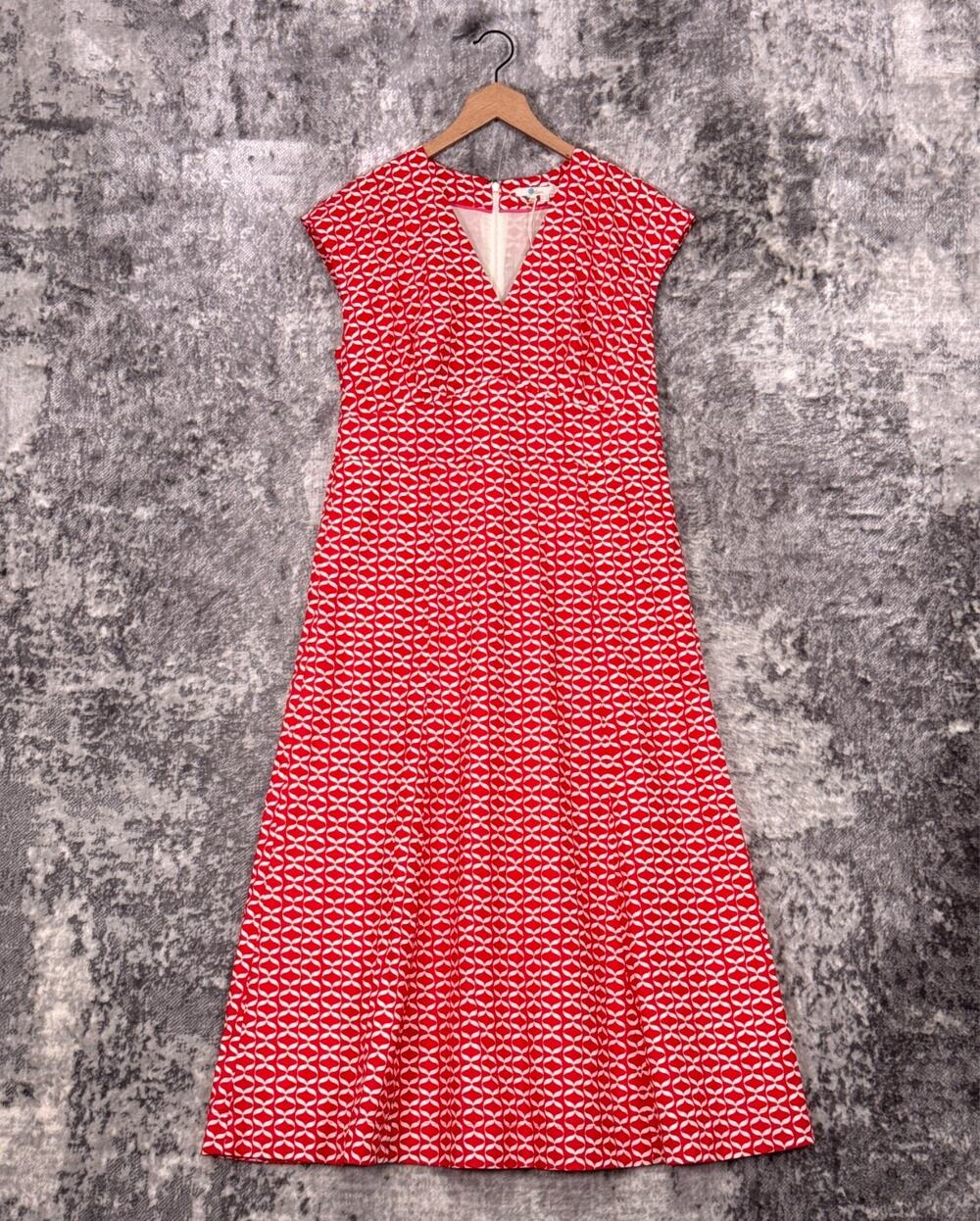 New Boden Dress 12 Long Womens Natasha Cotton Midi Red Patterned